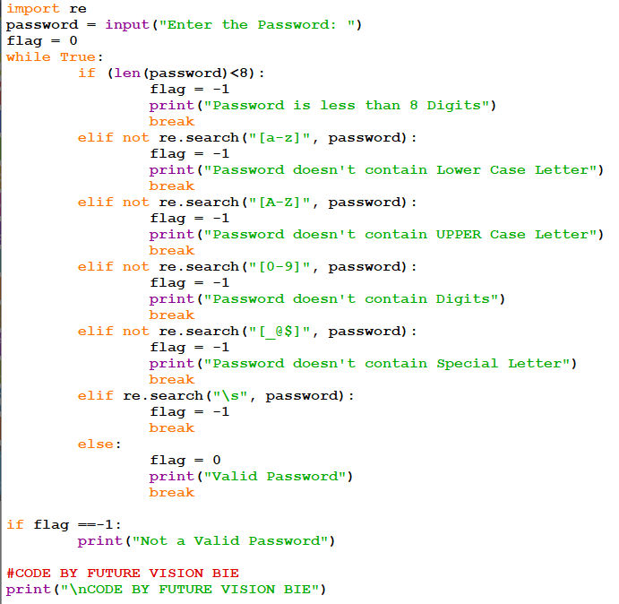 Program to validate the Password Entered
