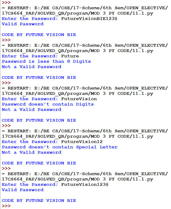 Output of Program to validate the Password Entered