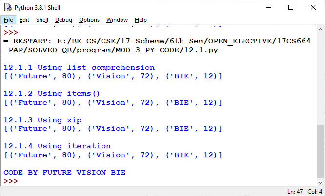 Output of various Methods to convert a Dictionary into Tuple