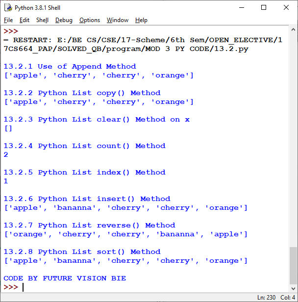 Output of Use of various list Methods