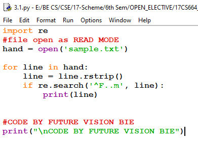 Program to read a file & Return Lines starting From 'F' &
		followed by 2 characters, followed by 'm'